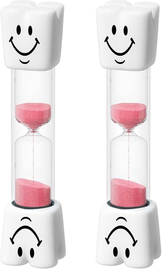 2 Minute Toothbrush Sand Timer for Kids, Small Pink Smiley Acrylic Hourglass Sand Clock Set 2min, Plastic Glass Mini Sandglass for Classroom Games Kitchen (Pack of 2)
