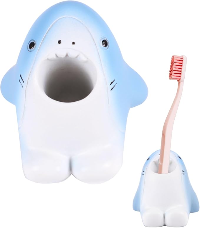 Cute Animal Toothbrush Holder - Shark Pen Pencil Holder,Mini Resin Freestanding Storage Base for Box Pen Brush Toothpick Desktop Storage Container, Washroom Office Organizer Accessories (Shark)