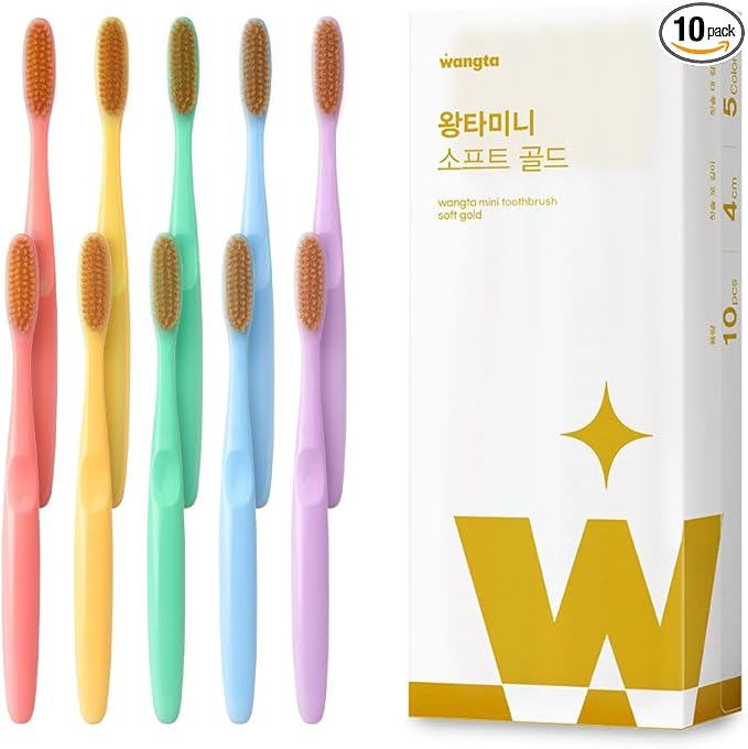 WANGTA Mini Gold – Extra Soft Large Toothbrush – 1.4 inch (3.5 cm) Head | 3,200 Ultra-Fine Bristles for Sensitive Gums | Premium Korean Toothbrush (10 Pack)