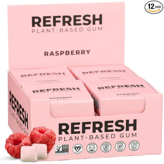 Refresh Gum, Xylitol, Natural, Sugar Free, Plastic Free, Natural Flavors & Organic Ingredients, Plant-Based, Low Calorie, Non GMO, Gluten Free, Vegan, Raspberry Flavor, 12 Pcs, 12 Pack