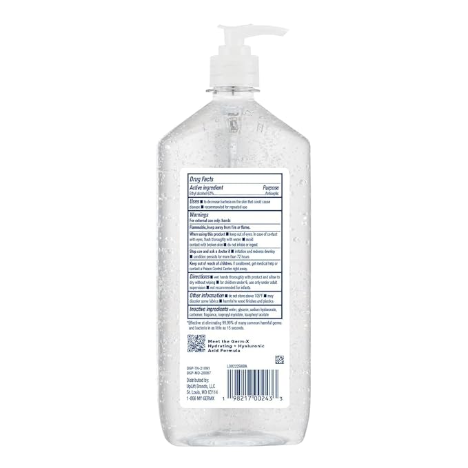 Germ-X Hydrating Hand Sanitizer, with Hyaluronic Acid, 1L (Pack of 4) Bulk Pack, No Rinse Formula, Sanitizing Liquid Gel for All Skin Types, Formulated without Parabens, Phthalates & Dyes