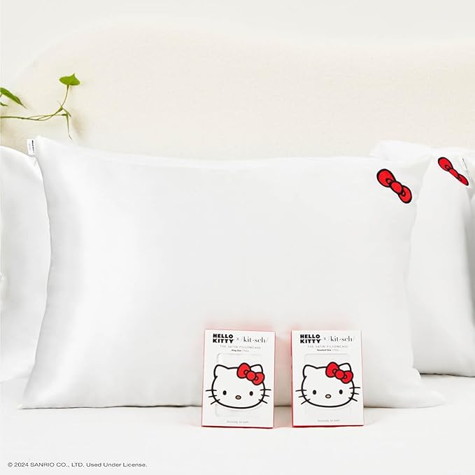 Kitsch x Hello Kitty (Ivory) - Satin Pillowcase with Zipper for Hair and Skin, Softer Than Silk Pillow Case, Smooth Cooling Pillow Covers, Machine Washable, Queen/Standard (19x26)
