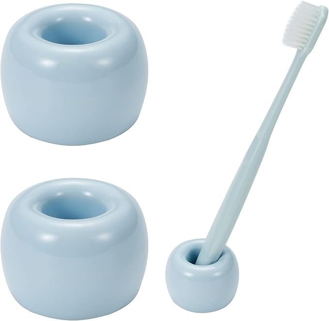 Mini Ceramic Couple Toothbrush Holder, Hand-Made Bathroom Toothbrush Holder, Electric Toothbrush Head Holder and Office Pen Holder 2-Piece Set (Blue)