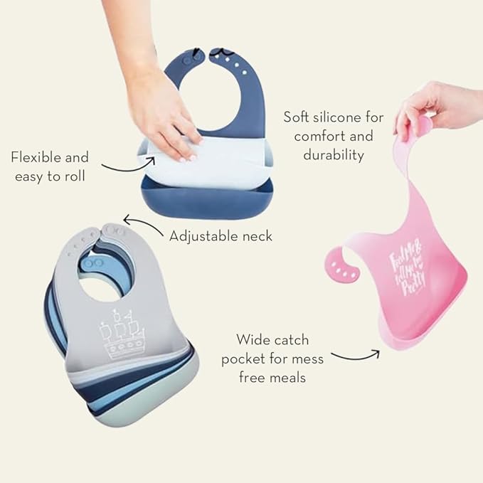 Baby Bib for Eating by Bella Tunno, Set of 2 Waterproof Silicone Bibs with Large Food Catcher, Adjustable Fit for Babies 4-12 months & Toddlers 1-3 Years, Boys & Girls, Miss Mess & Brunch