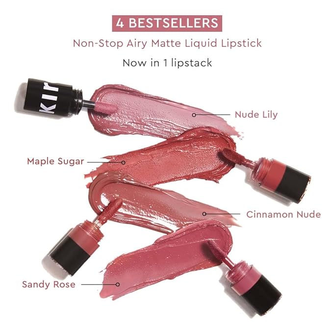 KIRO Four Play Non-Stop Airy Matte Liquid Lip Stack | Supreme Quad | 4 Nude Lipstick Shades | Long-Lasting, Transferproof & Hydrating | Lightweight & Skincare-Infused with Avocado & Apricot Oils | 6ml
