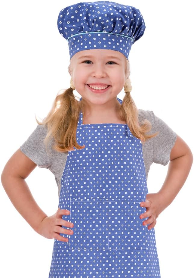Kids Apron and Chef Hat Set, Adjustable Cotton Child Aprons with 2 Pockets Cute Girls Kitchen Bib Aprons for Cooking Baking Painting