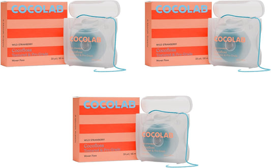 Cocofloss Woven Dental Floss, Dentist-Designed Oral Care, Strawberry Scent, Waxed, Expanding, Kid-Friendly String Floss with Coconut Oil, 3 Spools (33 yd Each)