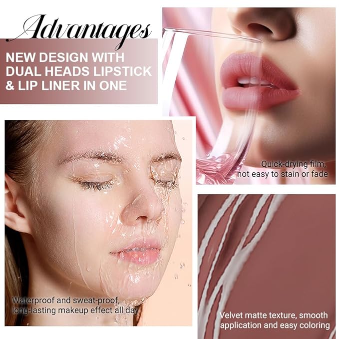 1Pcs 2 in 1 Nuetral Nude Matte Lip Liner and Liquid Lipstick Stain Makeup Set for women, Nuetral Nude Long Lasting Smudge Proof Lip Tint Matte Finish Lip Gloss for All-Day Color Hold Easy to Use 61#