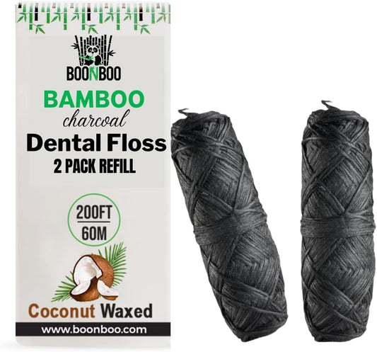 BOONBOO Dental Floss Refill, Charcoal Woven Thread, 2pcs of 100FT/30M - Total 200FT/60M, Waxed, Coconut