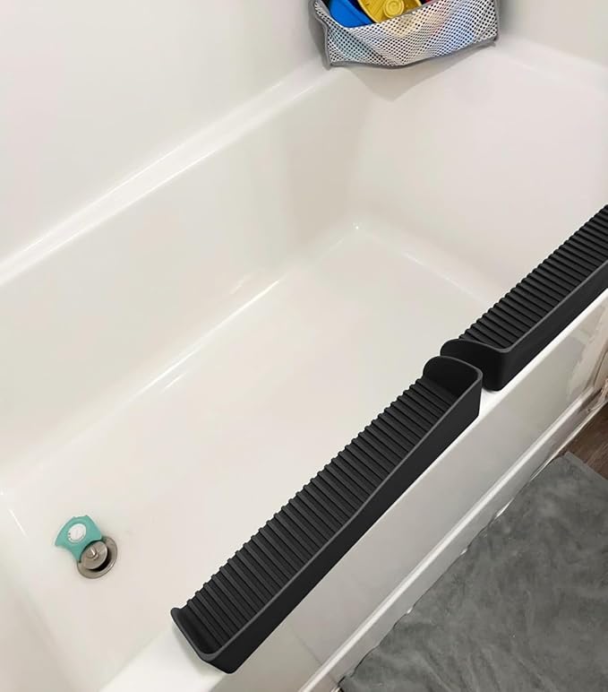 Bathtub Splash Guard for Tub - Silicone Tub Water Splash Guard with 4 Suction Cups, Bath Toy Tray Holder, Tub Shelf for Kids, Bathroom Accessories for Children, Toddler & Baby Bath, 1Pack, Black
