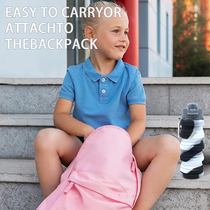 Silicone Collapsible Water Bottles, 16oz Portable Foldable Expandable Water Bottle Sports Cups, Leak Proof Reusable BPA Free, for Outdoor Activities Travel(Black white)