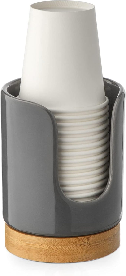 Ceramic Bathroom Cups Dispenser - 3 oz Disposable Paper & Plastic Cups Holder - Mouthwash Cups Dispenser for Countertop, Guest Toiletries - BPA Free, Kids Safe (Grey)
