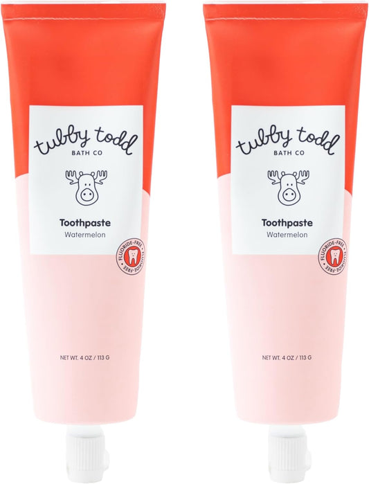 TUBBY TODD Fluoride Free Kids Toothpaste - Made with Xylitol - Safe Toothpaste for Baby, Toddler, Infant & Children - 4oz, 2 Pack - Watermelon Flavor