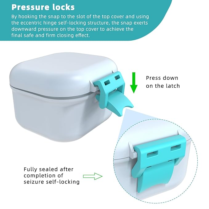 ARGOMAX Leak Proof Denture Bath Cup, Portable Soaking Denture Box, Denture Bath Case with Strainer, for Dentures and Braces (White + Cyan).