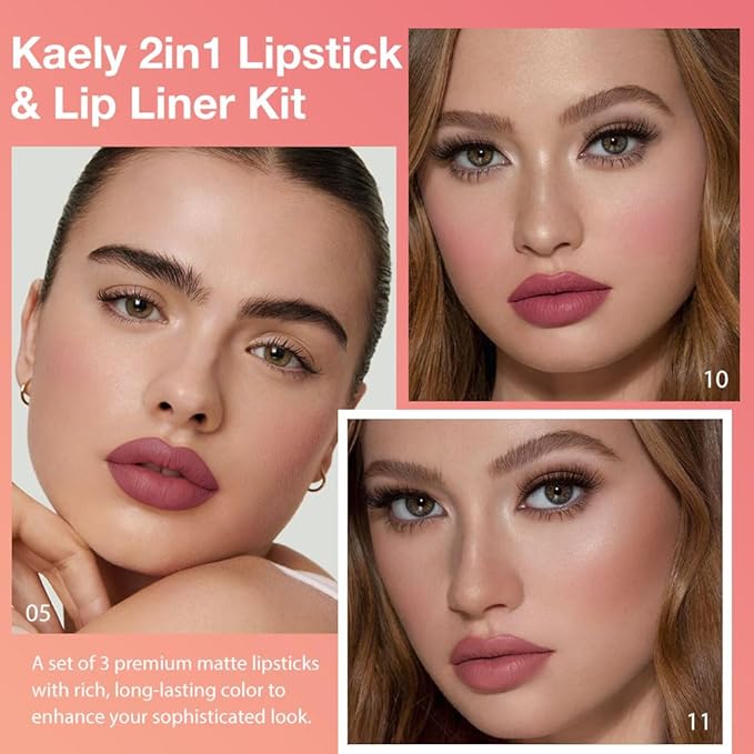 evpct 3Pcs Mauve Red Dusty Rose Gradient Matte Lipstick Lip Liner Crayon Combo Pencil Set for Women Long Lasting Waterproof, Cream Lip Liner and Lipstick Combo Makeup，Flawless Gradual Ombre Effect