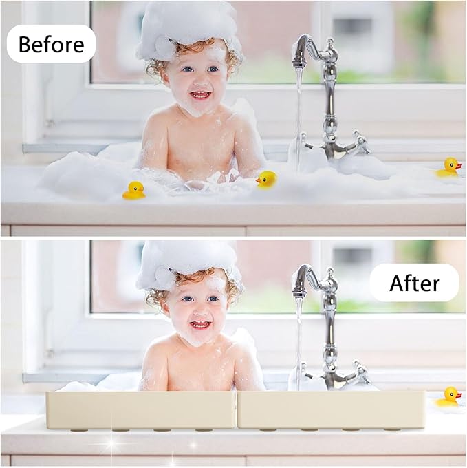 Roslim 2Pack Silicone Tub Water Splash Guard with 4 Suction Cups, Bath Toy Holder, Tub Play Shelf for Kids, Bathtub Side Splash Guard Tray, Toddler Bathroom Essentials, Beige