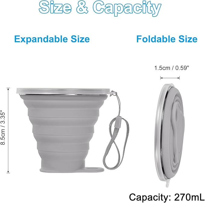 PATIKIL Collapsible Travel Cup, 2 Pack 270mL Travel Folding Cup with Lid Silicone Portable Drinking Cup for Traveling Camping, Gray