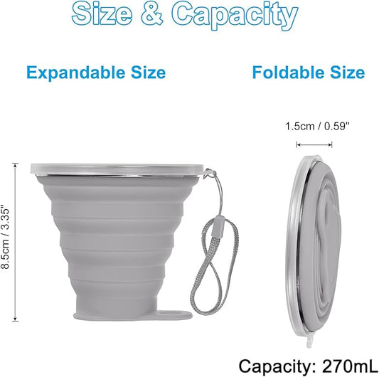 PATIKIL Collapsible Travel Cup, 2 Pack 270mL Travel Folding Cup with Lid Silicone Portable Drinking Cup for Traveling Camping, Gray