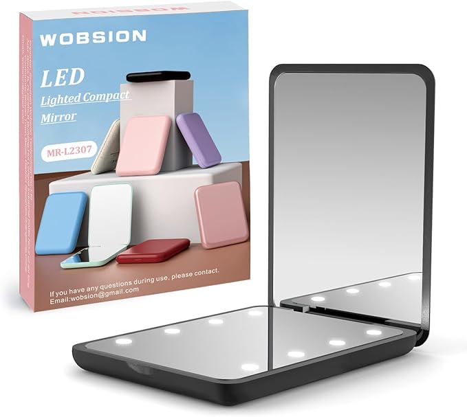 WOBSION Small Mirror with Lights,LED Compact Makeup Mirror,1x/3x Mini Travel Mirror with Magnification,Portable for Purse,Pocket,Gifts for Girls,Black