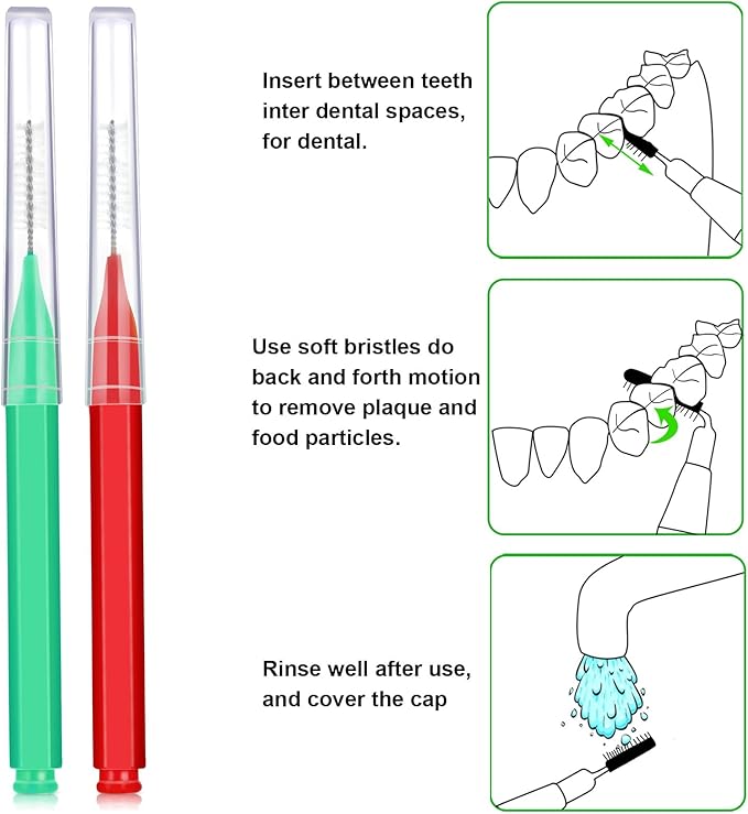 Patelai 100 Pieces Braces Brush for Cleaner Interdental Brush Toothpick Dental Tooth Flossing Head Oral Dental Hygiene Flosser Toothpick Cleaners Tooth Cleaning Tool(Green, Red,Proper Size)