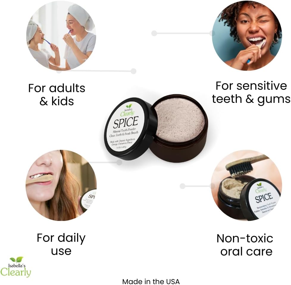 Isabella’s Clearly Spice Remineralizing Tooth Powder | Teeth Whitening Natural Toothpaste Fluoride Free for Adults, Kids, Sensitive Teeth & Gums | Xylitol, Baking Soda, Clay, Calcium, Cinnamon, Clove