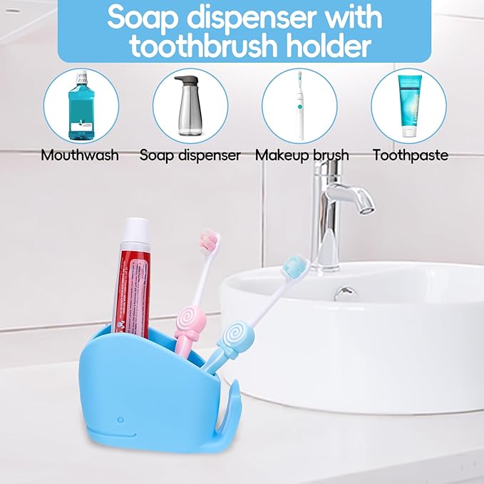 2Pcs Cute Kids Whale Toothbrush Holder, Toddler Fun Ocean Animal Toothbrush Organizer, Blue and White, Silicone Whale Bathroom Decor