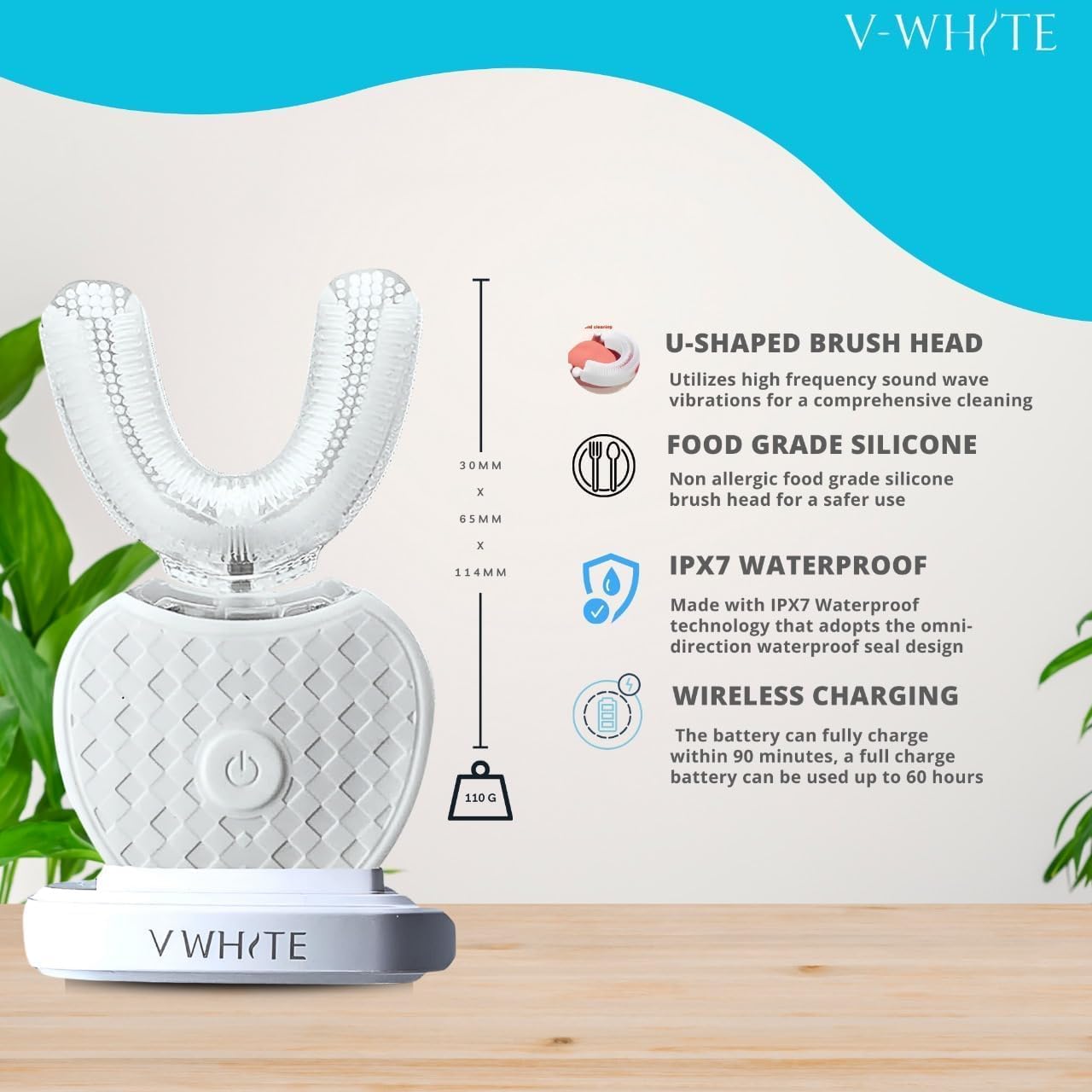 V-WHITE Ultrasonic U-Shaped Toothbrush for Teeth Whitening, Electric Toothbrush For Adults - 360° Mouth Cleansing, Hands Free Gums Protection - Wireless Charging & LED Light -Waterproof IPX7 Certified