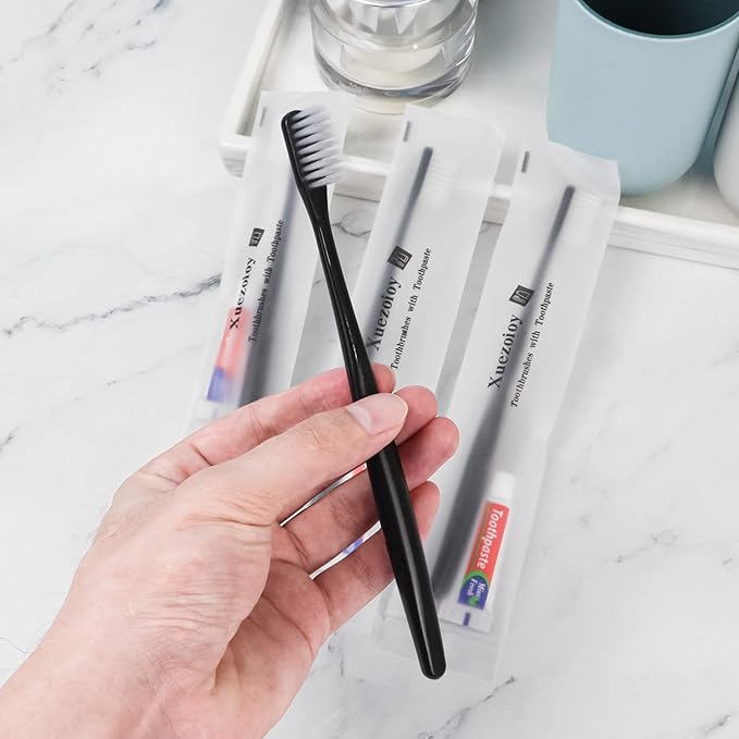 Disposable Toothbrushes with Toothpaste Pack of 50,Black Individually Wrapped Disposable Travel Toothbrush Kit in Bulk for Homeless,Nursing Home,Shelter,Hotel,Charity