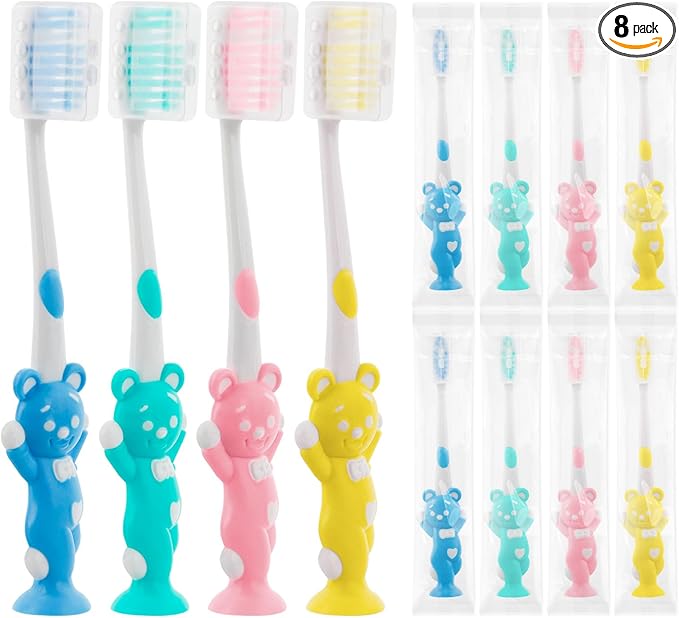 Toothbrushes for Kids In Bulk, Individually Wrapped Disposable Toothbrush Cute Manual Soft Bristles Children Toothbrush With Cover Suction Cup Toddler Toiletries Set for Home/School/Travel (8 Pack)