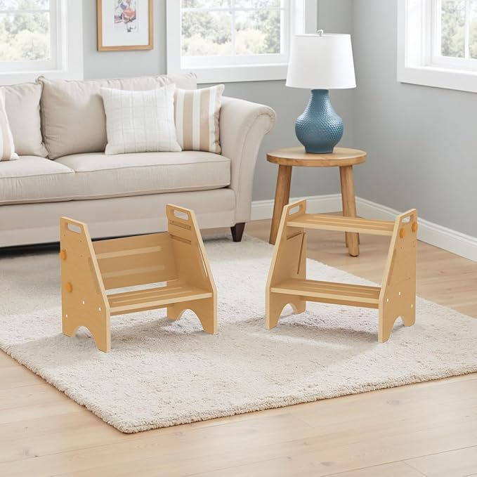 Toddler Step Stool, Wooden Height-Adjustable 2 Step Stool for Kids, 2 in 1 Potty Training Stool with Safety Handles Non-Slip Pads for Bathroom Sink, Kitchen, Bedroom (Natural)