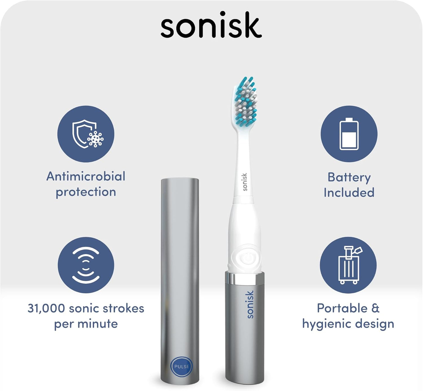 Sonisk Pulse | Battery Powered Electric Toothbrush | Sonic Technology | 1x Battery, 2X Brush Heads, 1x Travel Case Included | 31,000 Strokes Per Minute | Portable Size | Metallic Silver