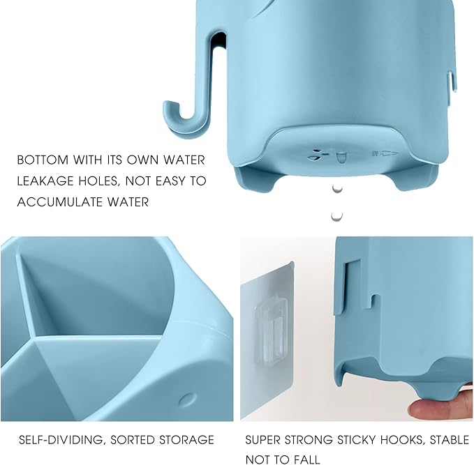 Kids Toothbrush Holder, Cute Elephant Toothbrush Holders for Toddler, Toothbrush Toothpaste Holder for Bathroom, Toothbrush Organizer with 3 Slots and a Hook, Blue