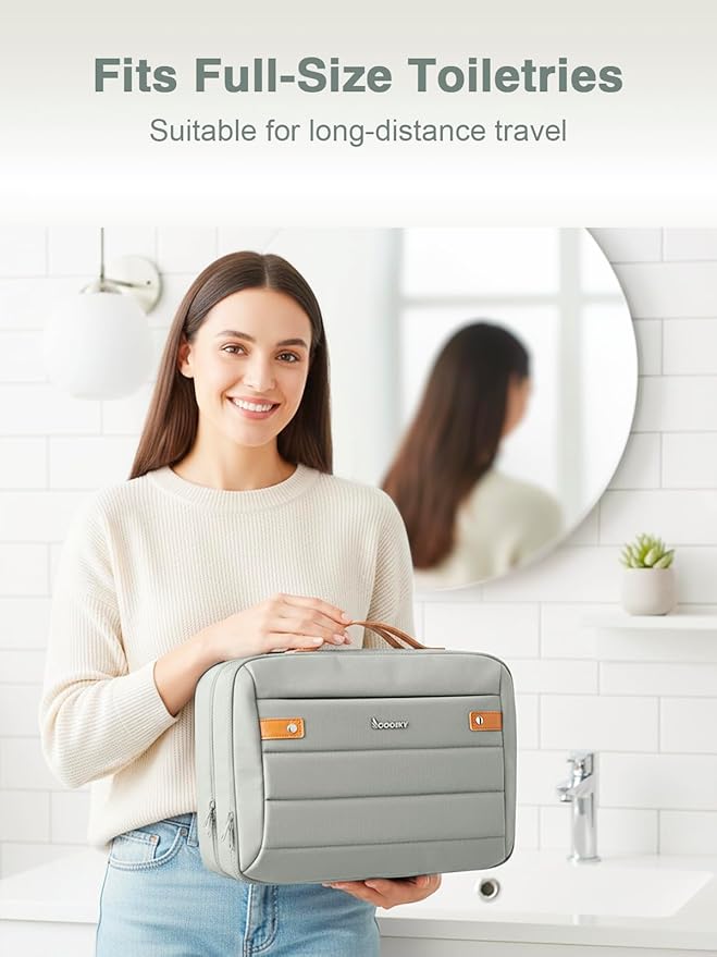 Women's Hanging Toiletry Bag, Waterproof Travel Cosmetic Organizer with Jewelry Storage, Large Capacity Makeup Case for Full-Size Skincare & Bathroom Essentials, Portable Cosmetic kit, Grey