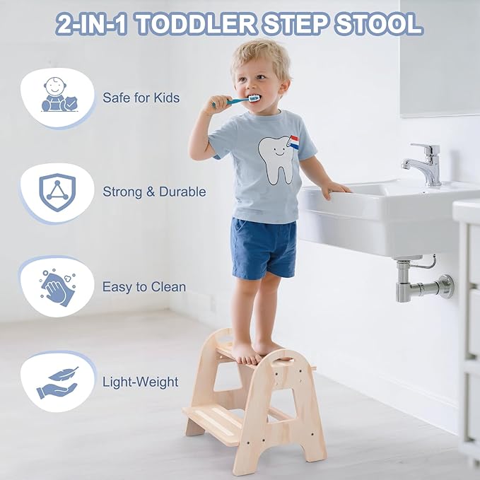 Potty Training Toilet, Selucky Wooden Height-Adjustable 2-Step Stool for Toddler Kids, Portable Potty Chair with Anti-Slip Pad
