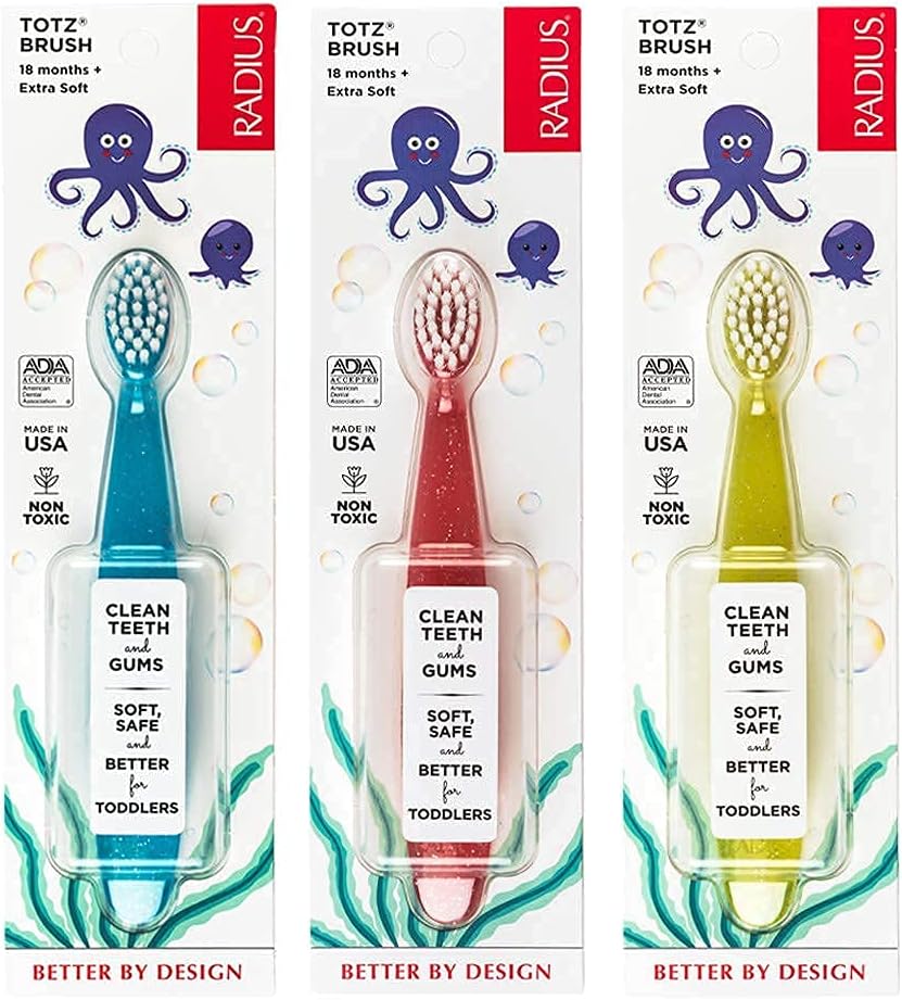 RADIUS Children's Toothbrush, Totz Brush, Extra Soft Bristles, Blue/Coral/Yellow, BPA Free & ADA Accepted, Designed for Delicate Teeth & Gums for Children 18 Months & Up, Pack of 3