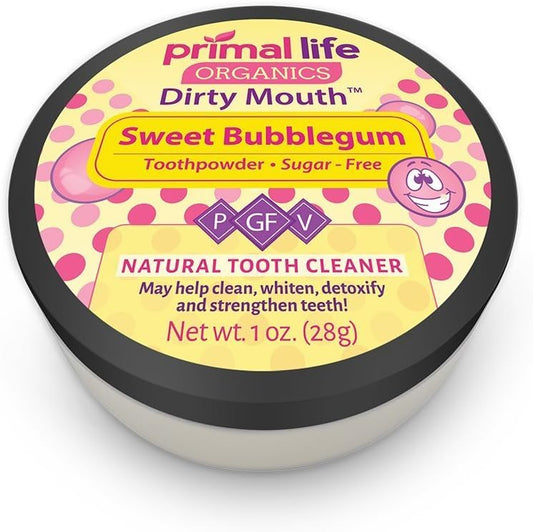Primal Life Organics - Dirty Mouth Toothpowder, Tooth Cleaning Powder, Flavored Essential Oils with Natural Kaolin & Bentonite Clay, Good for 200+ Brushings, Organic, Vegan (Fruity Bubblegum, 1 oz)