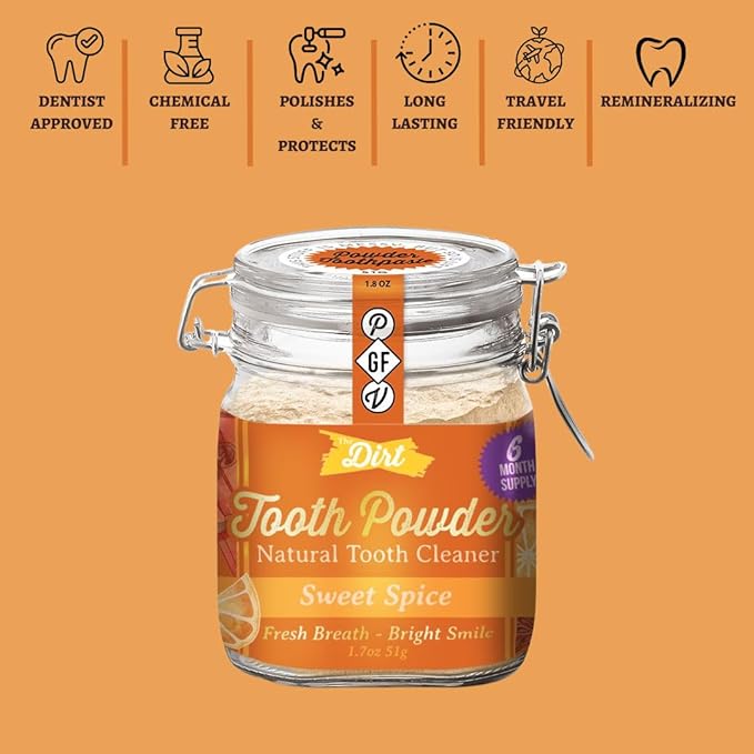 The Dirt - Remineralizing Tooth Powder, Natural Fluoride-Free Teeth Whitening Powder with Hydroxyapatite, Flouride & Gluten Free, Organic Vegan (Sweet Spice, 51g: 6 Month Supply)