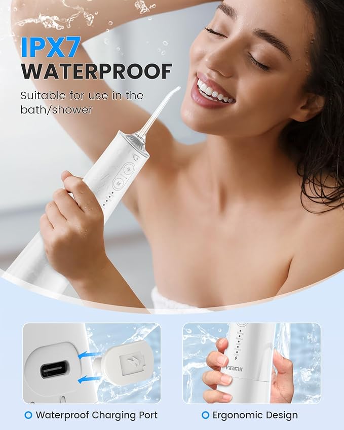 Water Flosser, Cordless Water Dental Flosser, 9 Jet Tips 5 Modes 300ML IPX7 Waterproof, Portable Rechargeable Oral Irrigator for Home Travel - Gums, Orthodontic, Braces Care - Black (White)