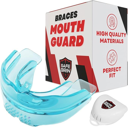 SafeGrin Blue Mouth Guard for Braces for Sports - Premium Silicone Teens & Youth Upper & Lower Teeth Protection for Sports - Football, Lacrosse, Hockey, Baseball