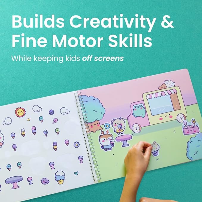 Girly Sticker Book Activity for Kids, Cute Foods Around Town by Cupkin, Toddler Airplane Travel Essentials, 500+ Stickers for Kids 12 Scenes + Coloring Book Pages, Crafts Ages 2-8