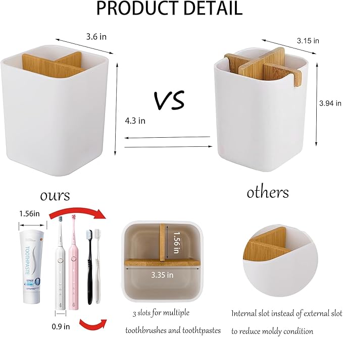 Toothbrush Holder for Bathrooms, 3 Slots Toothbrush and Toothpaste Holder Bathroom Counter Organizer for Electric Toothbrushes, Floss, Razors - White