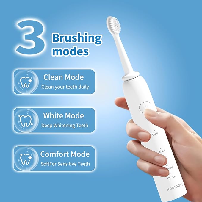 Rooman Oscillation&Vibration Sonic Electric Toothbrush for Adults, with 8 Brush Heads for Travel & Teeth Care, 20000 VPM, 3 Cleaning Modes, 2-Minute Timer, IPX7 Waterproof (White)