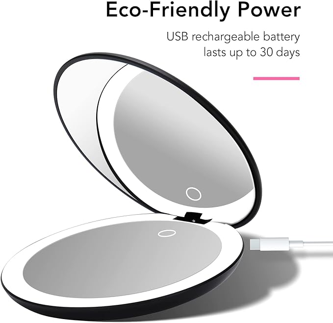 Fancii Taylor LED Lighted Travel Makeup Mirror, Rechargeable with 10x/1x Magnifying & 3 Light Settings - Compact, Portable, Large 5” Wide Hand Mirror for Handbag and Purses (Black)