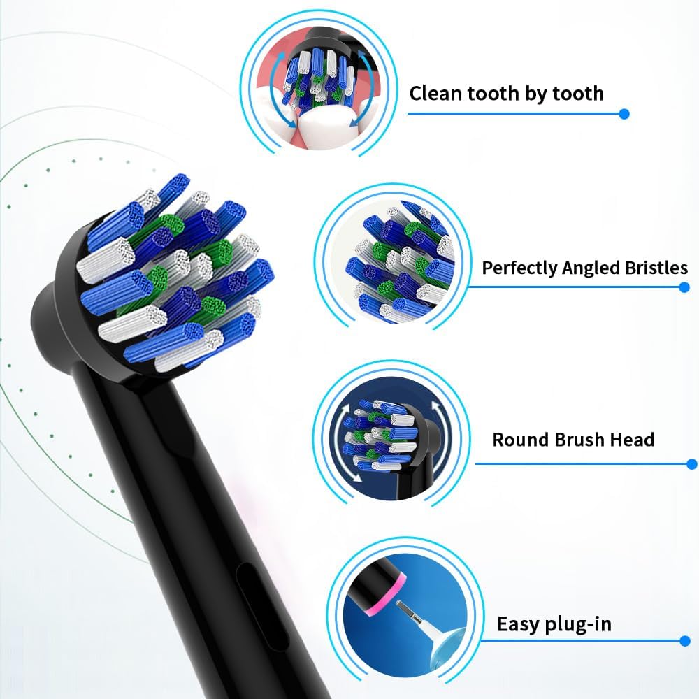 8pcs Replacement Heads Compatible with Oral B Electric Toothbrush, 4pcs Precision Clean and 4pcs Cross Clean Brush Heads, Black