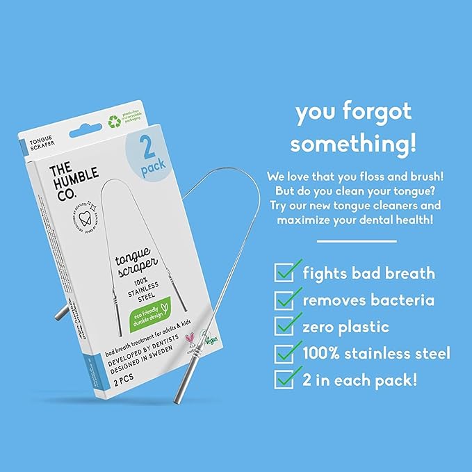 The Humble Co. Tongue Scraper – 100% Stainless Steel Tongue Cleaner, For Superior Oral Care, Dental Hygiene and Tongue Cleaning, Helps Eliminate Bad Breath, BPA Free (2pk)
