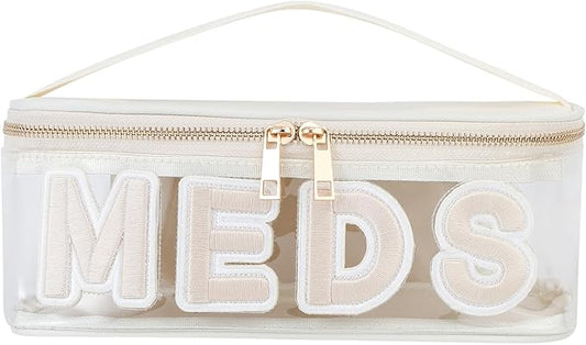 Clear Waterproof MEDS RX Makeup Bag，Transparent PVC Letter Patch medication travel case with Handle and Zipper, Portable Meds First Aid Travel Organizer Cosmetic Bag(02 Beige MEDS)