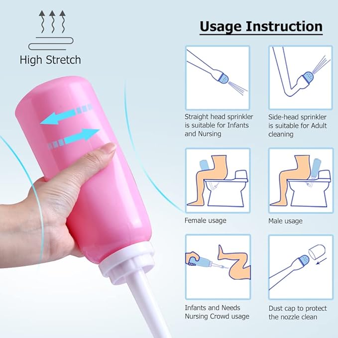 Peri Bottle - Postpartum and Perineal Care - 2 in 1 Portable Bidet - Portable Travel Bidet Sprayer for Women or Men- Handheld Jet Spray Bottle for Toilet (500ML, Pink)