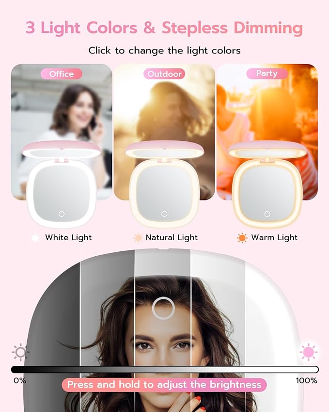 Benbilry 3.9" Rechargeable Compact Makeup Mirror with 3 Light Colors and Magnification 1X / 10X, Double Light Strip Dimmable Small LED Travel Mirror for Purse, Light Pink