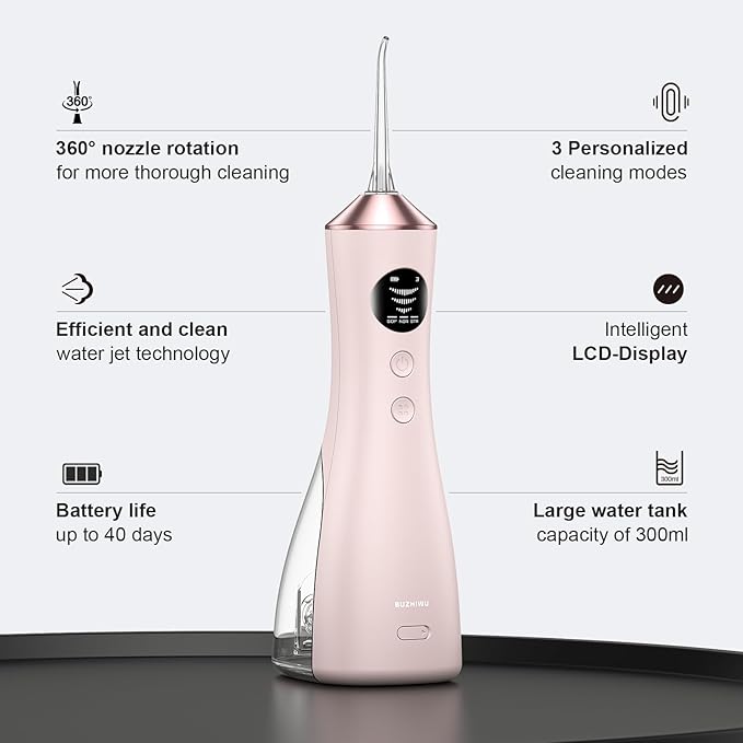 Water Dental Flosser for Teeth, Portable Cordless Water Flosser with 300ML Rechargeable with Type-C, IPX7 Waterproof Water Flossers for Adults with 3 Intensity Modes and 3 Flossing Tips Golden Pink