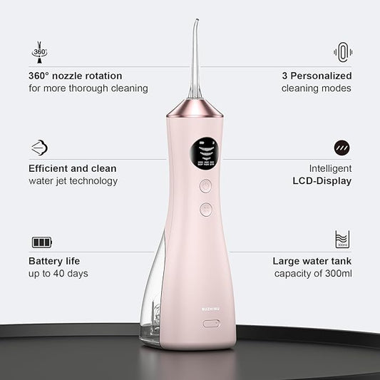 Water Dental Flosser for Teeth, Portable Cordless Water Flosser with 300ML Rechargeable with Type-C, IPX7 Waterproof Water Flossers for Adults with 3 Intensity Modes and 3 Flossing Tips Golden Pink